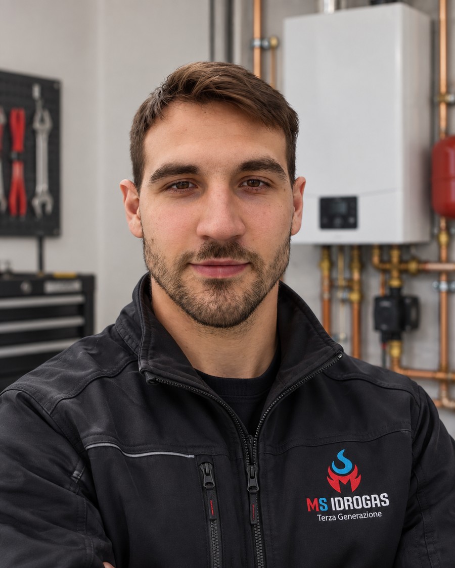 Manuel Selvaggio, titolare di Emme Esse Idrogas, davanti a una caldaia con la giacca da lavoro MS Idrogas
